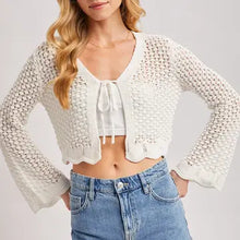 Load image into Gallery viewer, 6124- Open Knit Crochet Front-Tie Cropped Cardigan -IVORY
