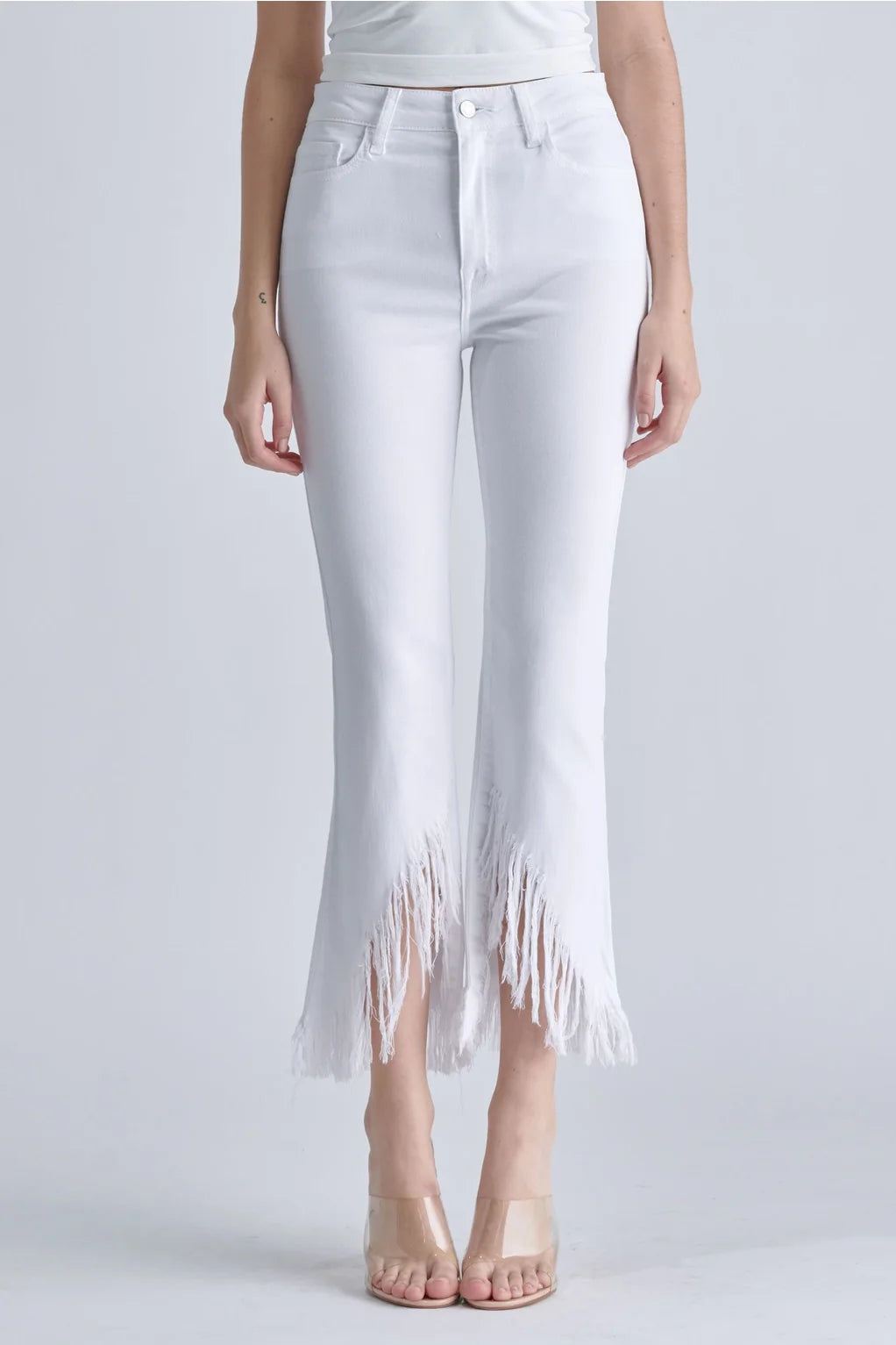 4290-High Rise Crop Flare Jean with Fringe Hem-WHITE