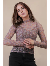 Load image into Gallery viewer, 5843-High Neck Fitted Sheer Mesh Lace Knit Top-MAUVE FLORAL
