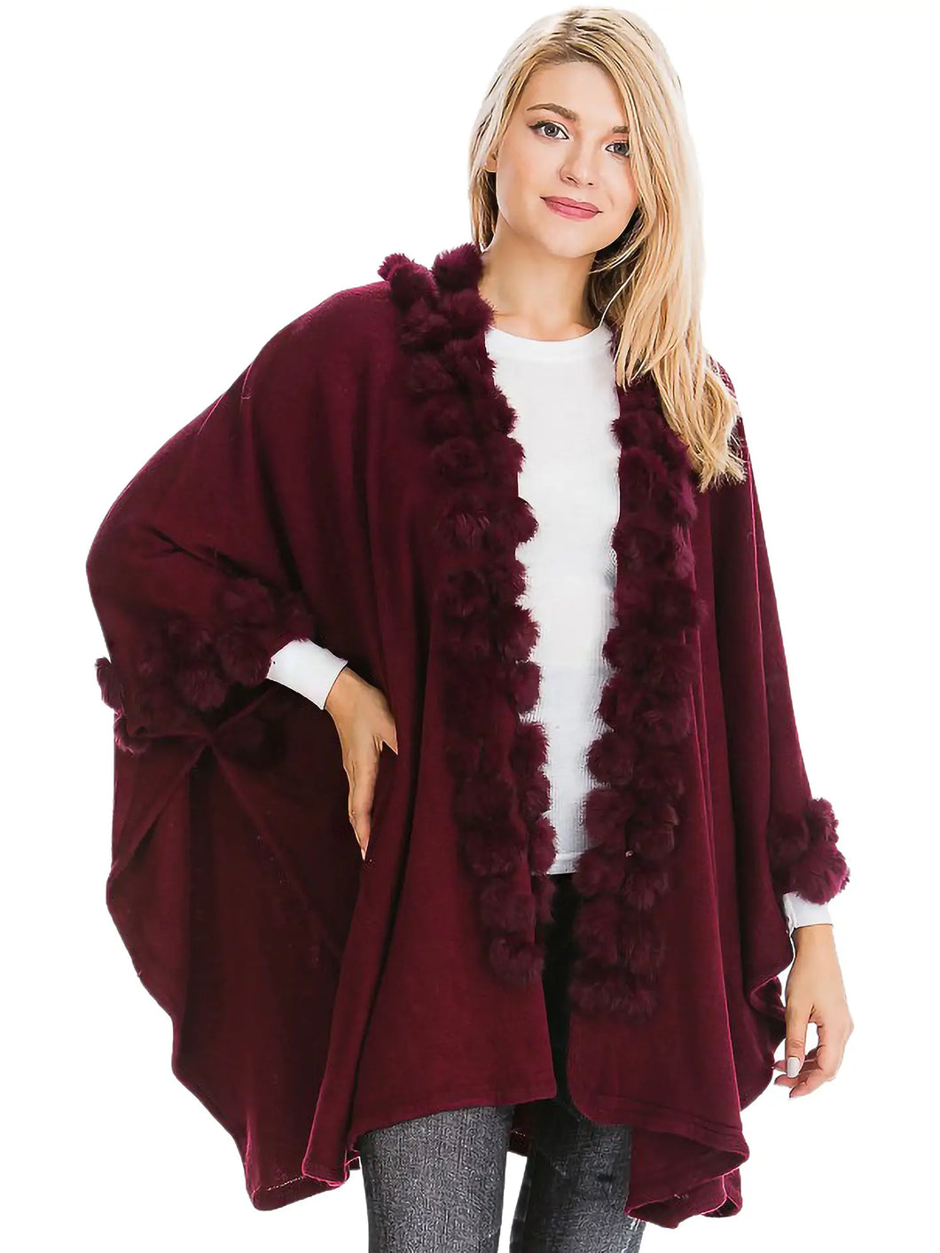 5745-Luxe Faux Fur Pom Trim Shawl Poncho-BURGUNDY