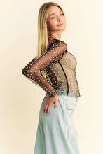 Load image into Gallery viewer, 5525-Bead and Pearl Embellished Long Sleeves Mesh Top-BLACK

