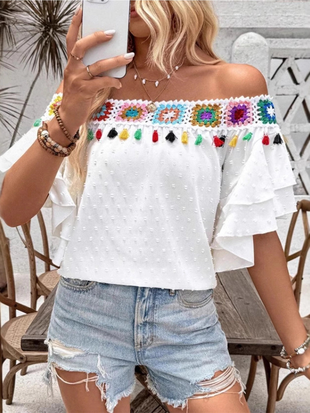 5118-Tassel Crochet Floral Off Shoulder Ruffle Sleeve Top