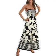 Load image into Gallery viewer, 6106- Black Floral Strapless Backless Wide Leg Jumpsuit
