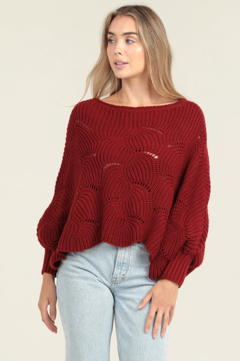 5709-Cable Knit Pullover Bat Wing Sweater-RED