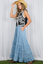 Load image into Gallery viewer, 6348- Ruffle Frayed Hem Chambray Casual Western Maxi Skirt
