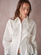 Load image into Gallery viewer, 6485- Beaded Embroidery Waist Tie Shirt-WHITE

