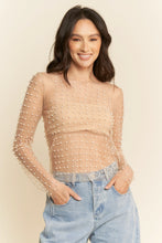 Load image into Gallery viewer, 5527-Bead and Pearl Embellished Long Sleeves Mesh Top-NUDE
