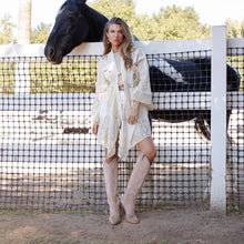 Load image into Gallery viewer, 5951-Western Boho Chic: Embroidered Denim Long Shrug
