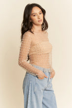 Load image into Gallery viewer, 5527-Bead and Pearl Embellished Long Sleeves Mesh Top-NUDE
