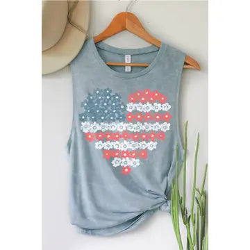 4460--Heart Flag Mineral Graphic Tank Top-vintage blue