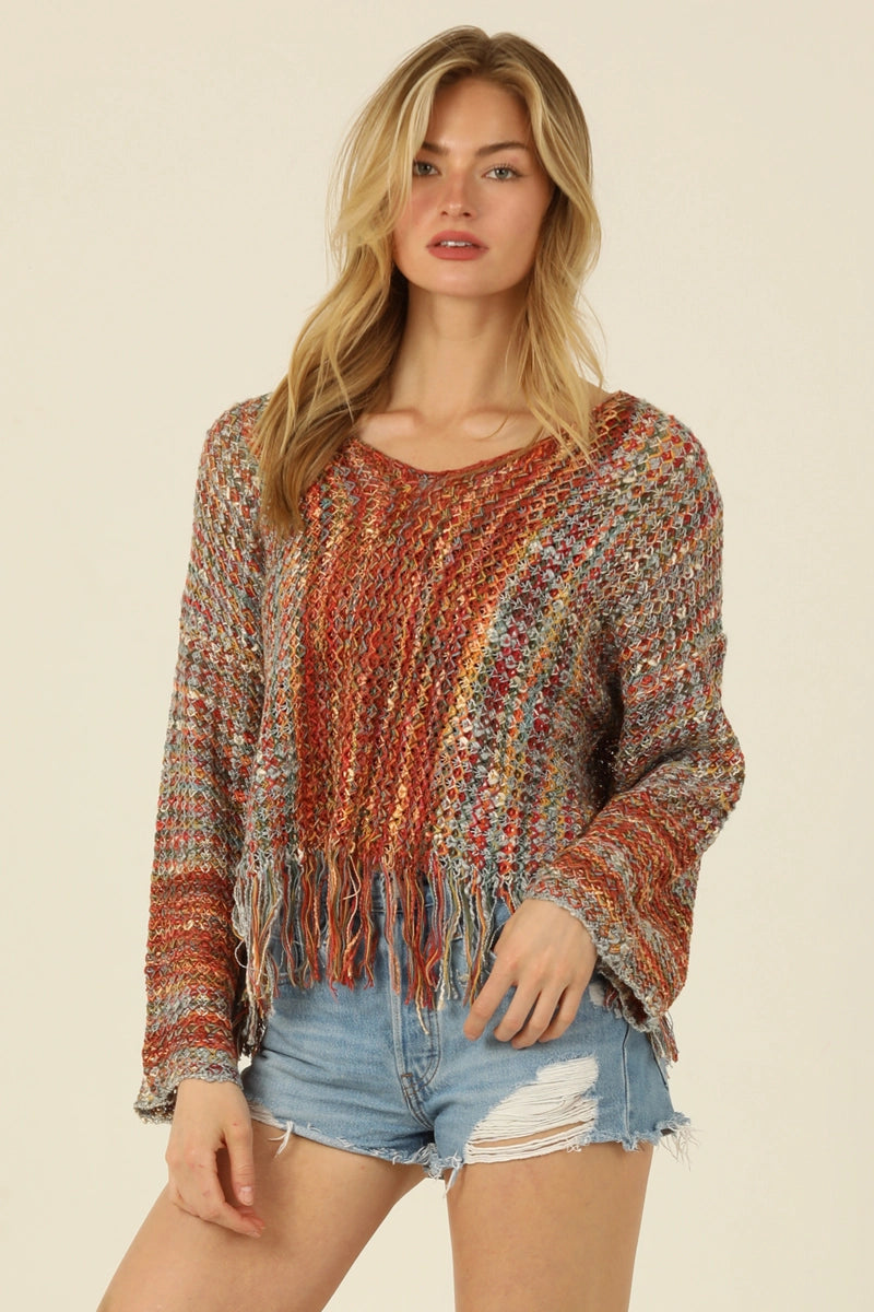 5589- V Neck Fringe Hem Pullover Sweater-RUST