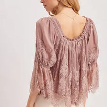 Load image into Gallery viewer, 6408- Wide Neck Ruffled Eyelash Lace Blouse -MAUVE
