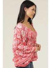 Load image into Gallery viewer, 5825-Neck Smocked Bust Wide Sleeve Printed Top-red
