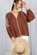 Load image into Gallery viewer, 6568- Floral Embroidered V-Neck Cotton Gauze Blouse-BROWN
