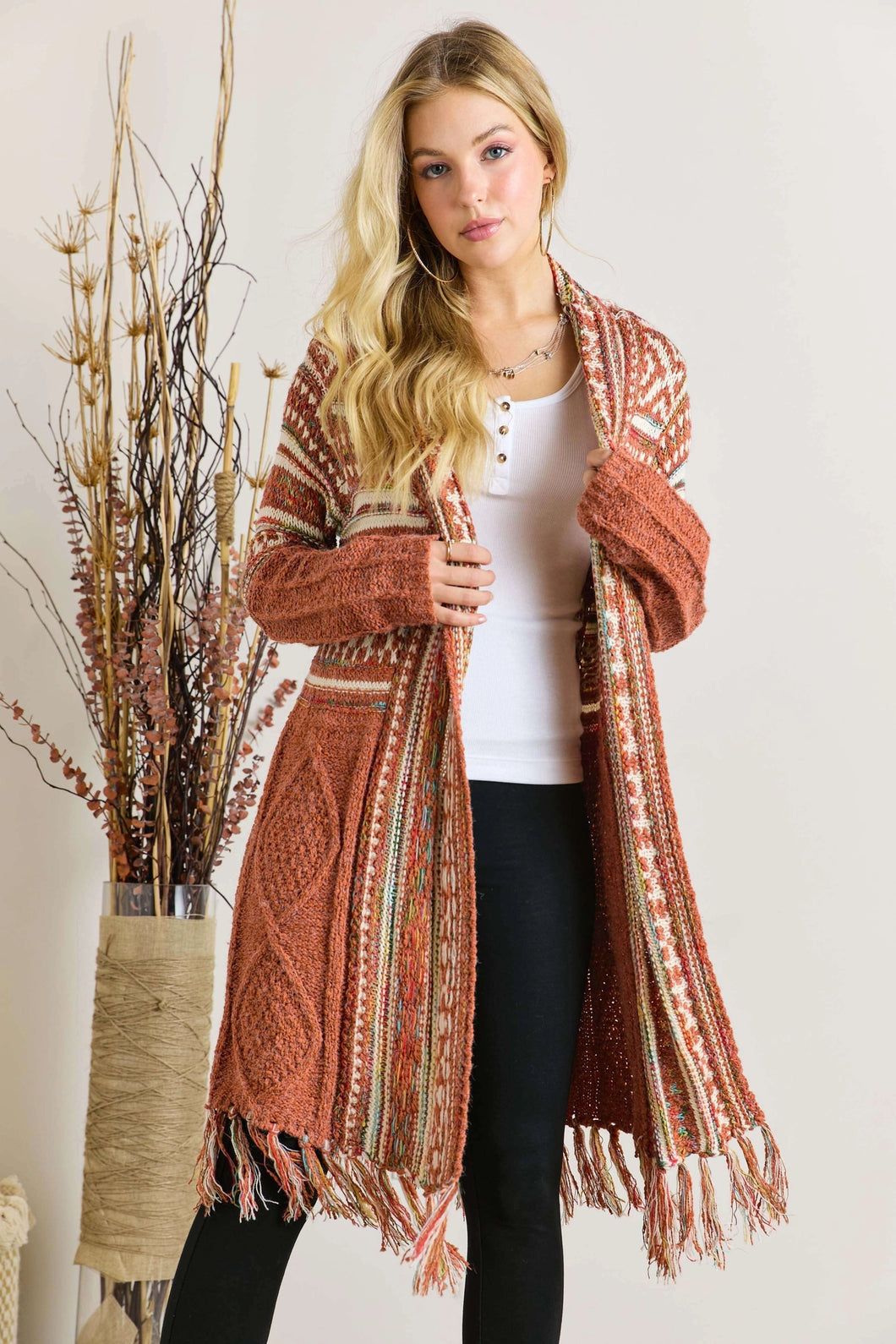 4650- Fringe Hem Aztec Cardigan-RUST