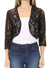 Load image into Gallery viewer, 4478-Lace Bolero Crochet Open Cardigan 3/4 Sleeve -BLACK
