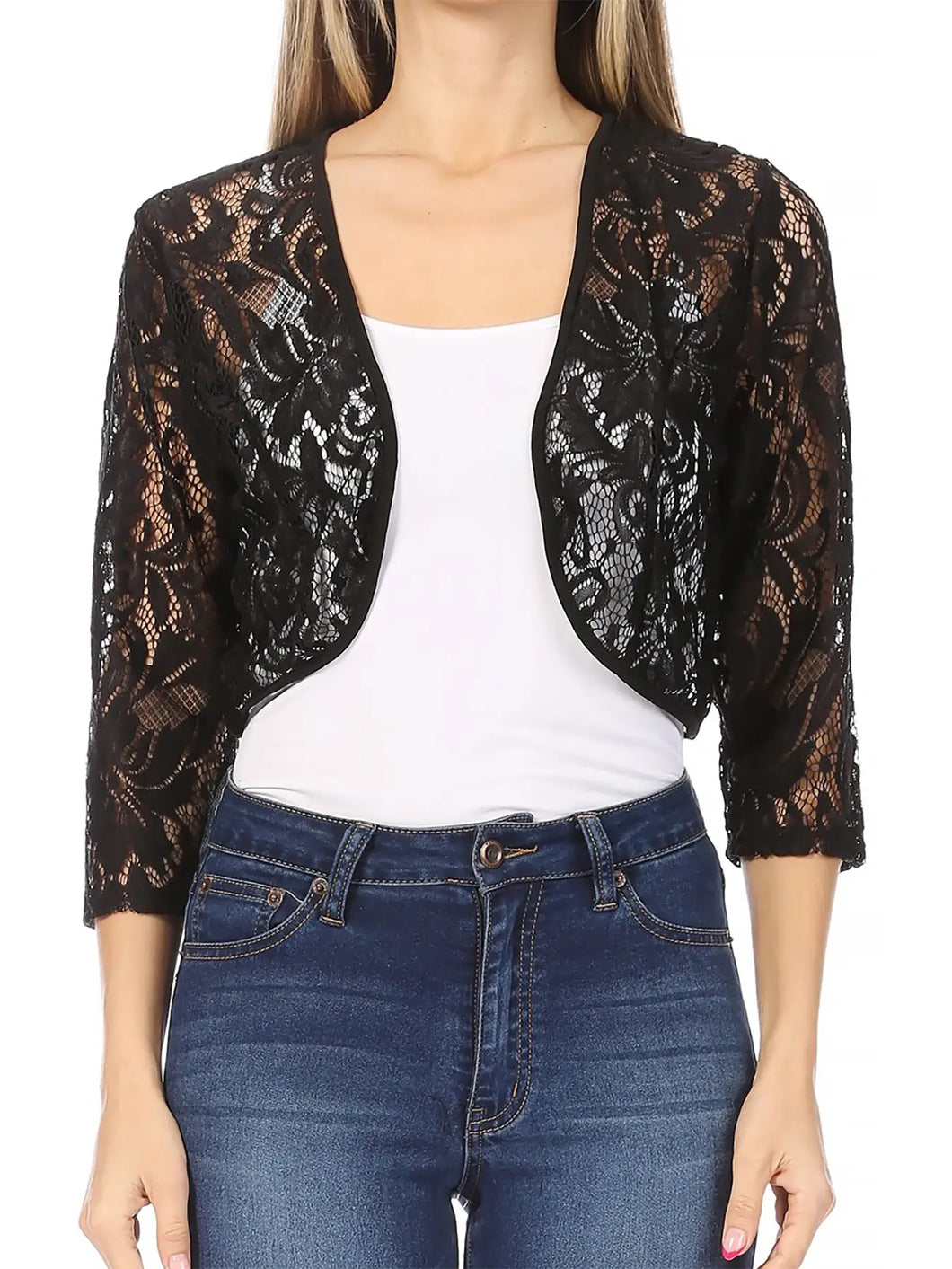 4478-Lace Bolero Crochet Open Cardigan 3/4 Sleeve -BLACK