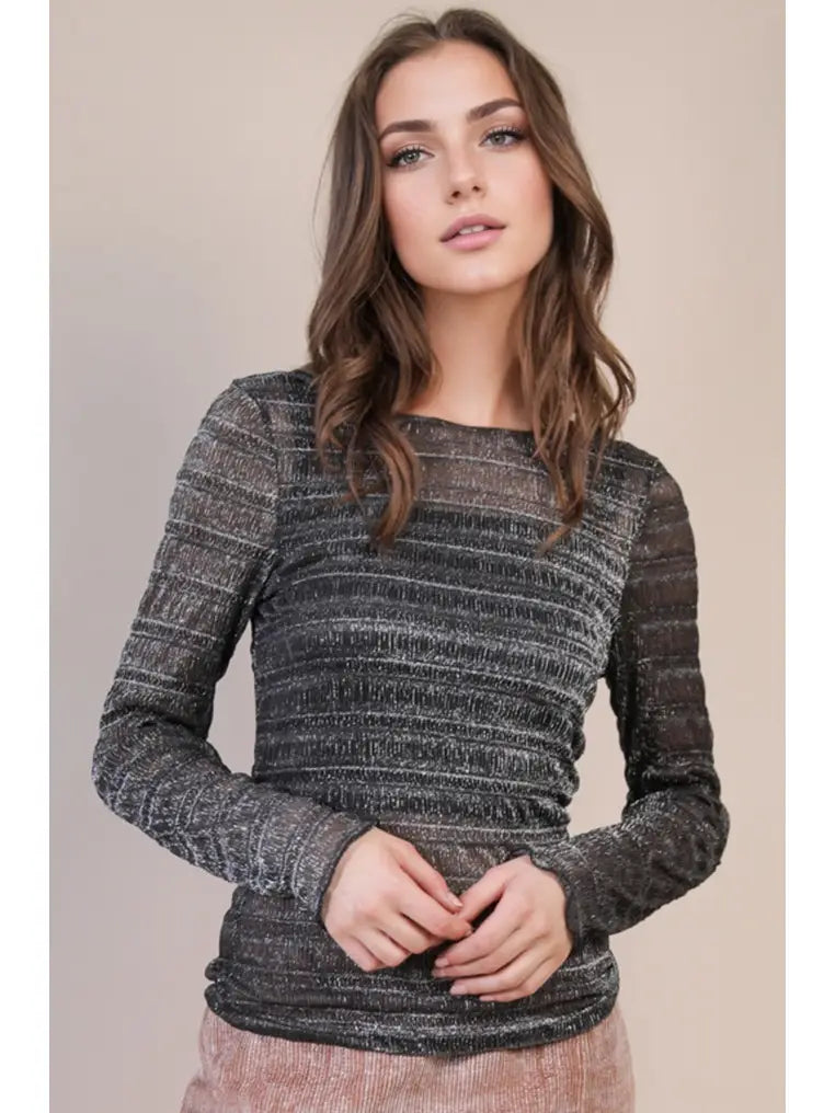 5698-High Neck Fitted See-Thru Lurex Top-BLK