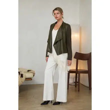 Load image into Gallery viewer, 6456- Mixed Media Faux Leather Draped Jacket-OLIVE
