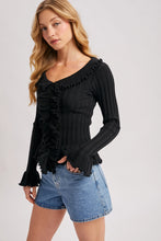 Load image into Gallery viewer, 6714- V-Neck Ruffle Trim Ribbed Knit Top-BLACK
