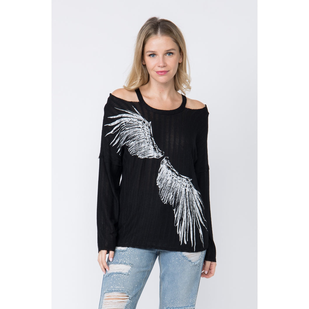 5495-Cut Out Long Sleeve Top with Wings