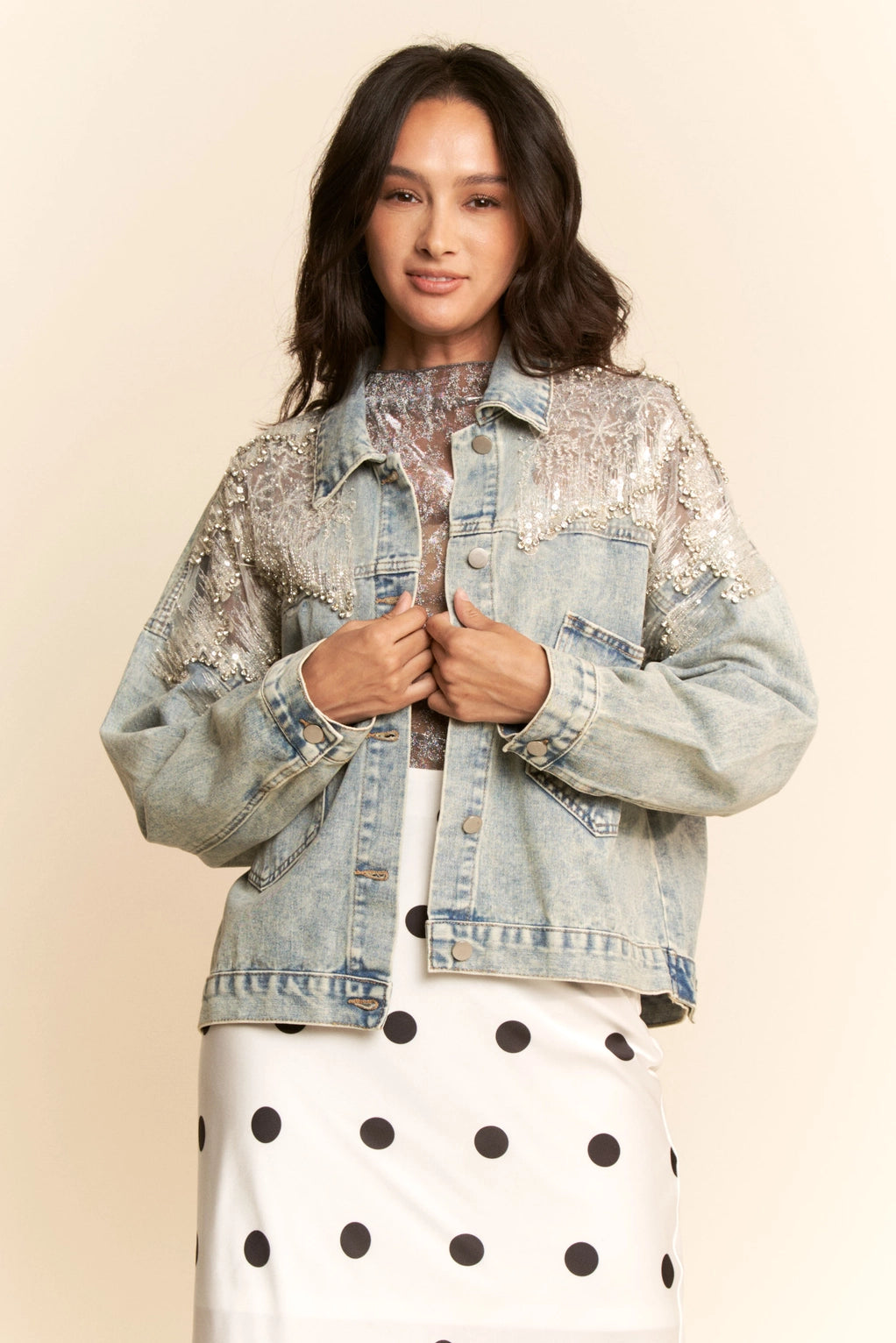 5237-Mesh Stitching Button Down Denim Jacket