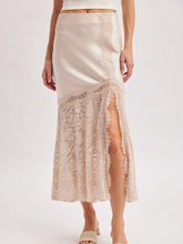 Load image into Gallery viewer, 6369- Romantic Satin Lace Trimmed Split Midi Skirt-OATMEAL
