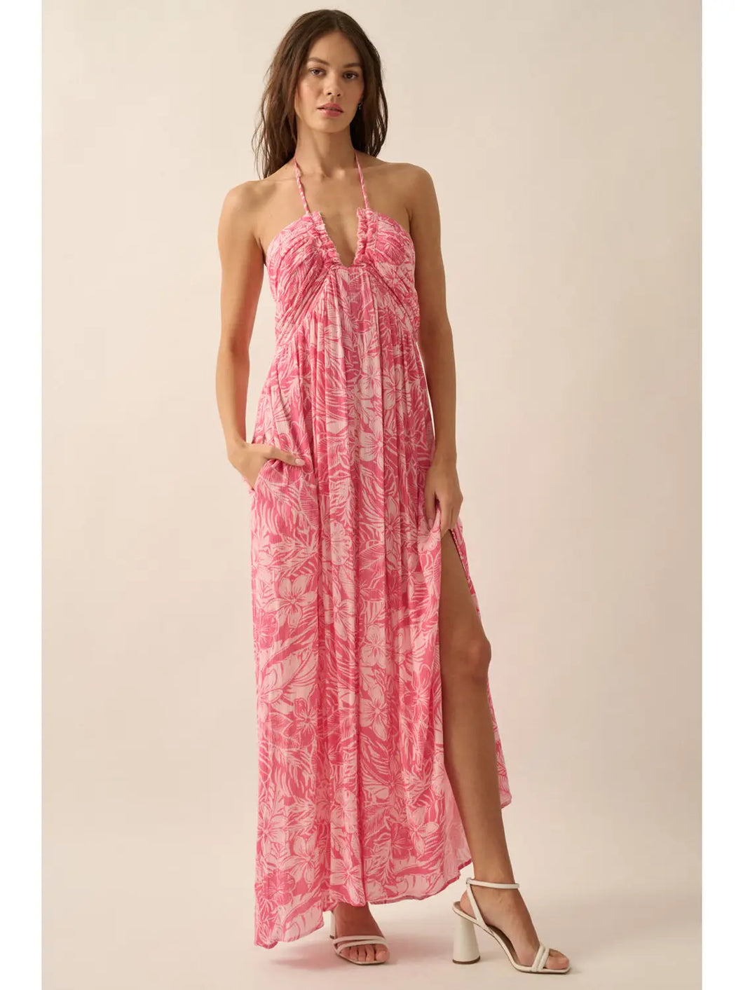 4090-Floral Crepe Plunging-Neck Halter Maxi Dress