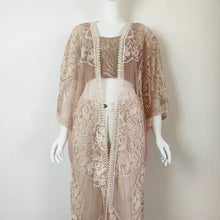 Load image into Gallery viewer, 6128- Contrast Mesh Cotton Lace Longline Kimono-MOCHA
