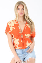 Load image into Gallery viewer, 5180-V Neck Ring Cut Out Blouse in Tropical Print-ORANGE
