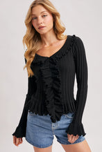 Load image into Gallery viewer, 6714- V-Neck Ruffle Trim Ribbed Knit Top-BLACK
