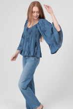 Load image into Gallery viewer, 5444- V Neck Smocked Bust Wide Bell Sleeve Top-BLUE
