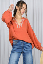 Load image into Gallery viewer, 6567- Paisley Embroidered V-Neck Cotton Gauze Blouse -RUST
