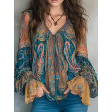 Load image into Gallery viewer, 6467- Boho Paisley Print V‑Neck Blouse with Bell Sleeves
