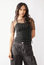 Load image into Gallery viewer, 5230-Bead and Pearl Embellished Short Sleeves Mesh Top-BLACK
