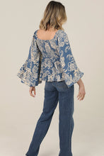 Load image into Gallery viewer, 6594- Flare Bell Sleeve Printed Top-BLUE

