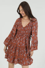 Load image into Gallery viewer, 6664- Smocked Bodice Vneck Ls DRESS-RUST

