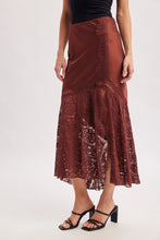 Load image into Gallery viewer, 6368- Romantic Satin Lace Trimmed Split Midi Skirt-BROWN/MAROON

