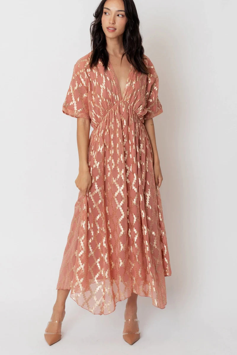 4144-V-Neck Kimono Sleeve Maxi Dress with Lurex-ROSE GOLD 4144-V-Neck Kimono Sleeve Maxi Dress with Lurex-ROSE GOLD
