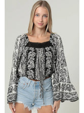 Load image into Gallery viewer, 5819-Lace Trim Wide Bell Sleeve Drawstring Hem Top-black
