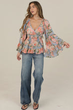 Load image into Gallery viewer, 6080- V Neck Floral Print Wide Bell Sleeve Top-BLU/OR
