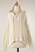 Load image into Gallery viewer, 5357-Lace Up Open Cable Knit Chenille Hoodie Sweater--BEIGE

