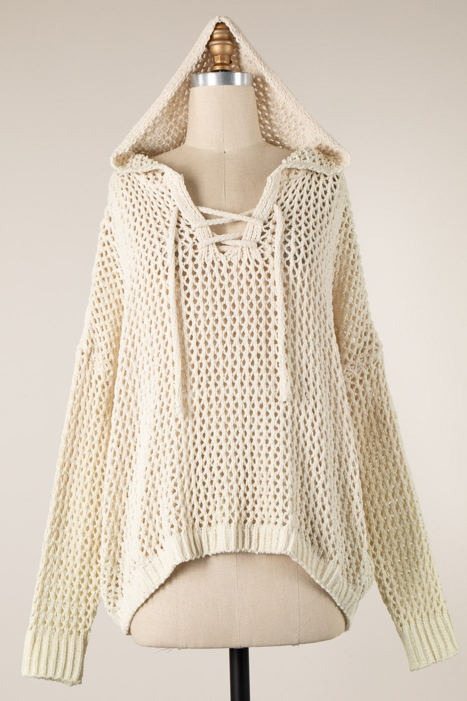 5357-Lace Up Open Cable Knit Chenille Hoodie Sweater--BEIGE