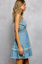 Load image into Gallery viewer, 5807- POL Vintage Denim Embroidered Smocked Ruffle Boho Dress
