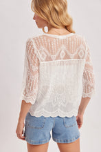 Load image into Gallery viewer, 6365- Sheer Embroidered Mesh Button Scalloped Hem Blouse-WHITE
