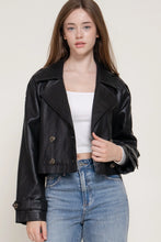 Load image into Gallery viewer, 6631- Faux Leather Short Trench Coat-BLACK
