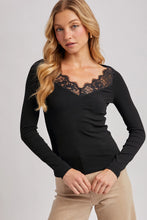 Load image into Gallery viewer, 6713- V-Neck Lace Trim Ribbed Knit Long Sleeve Top
