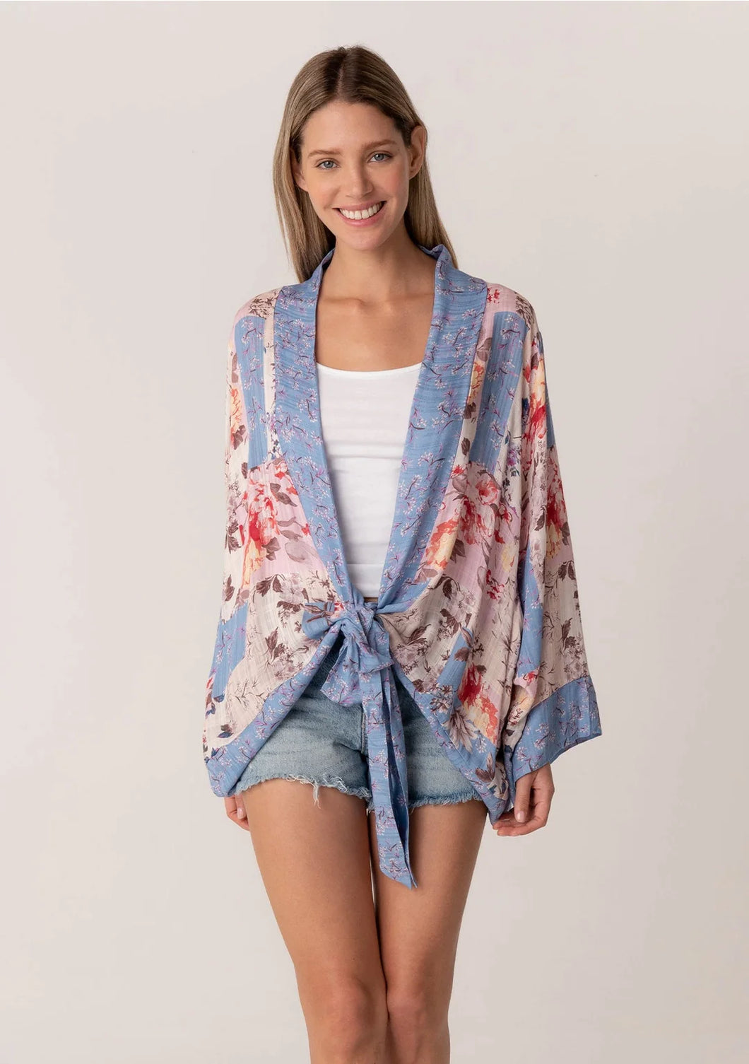 4172-Spring Floral Patchwork Tie Front Kimono Top