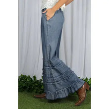 Load image into Gallery viewer, 6198- Flared Ruffle Hem Chambray Crop Denim Pants
