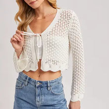 Load image into Gallery viewer, 6124- Open Knit Crochet Front-Tie Cropped Cardigan -IVORY
